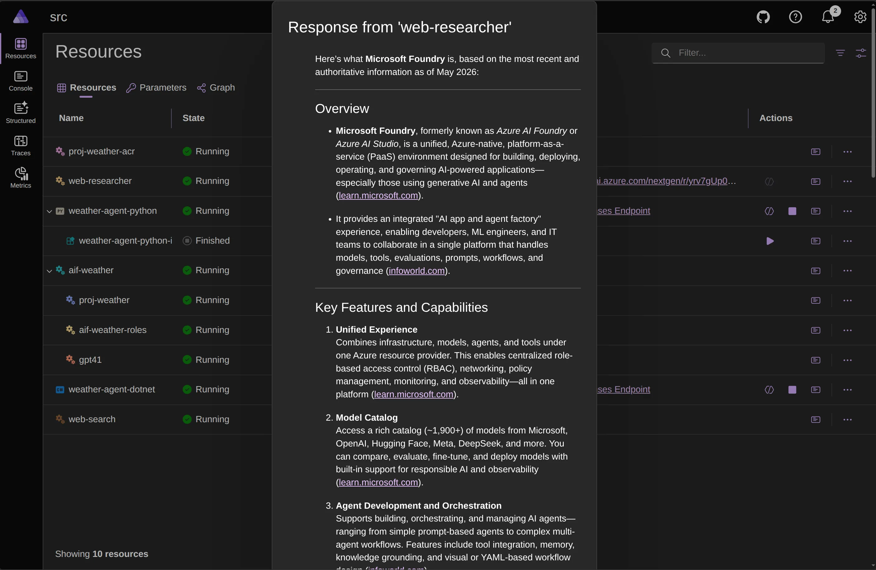 Hosted agent responses invocation result in the Aspire dashboard.