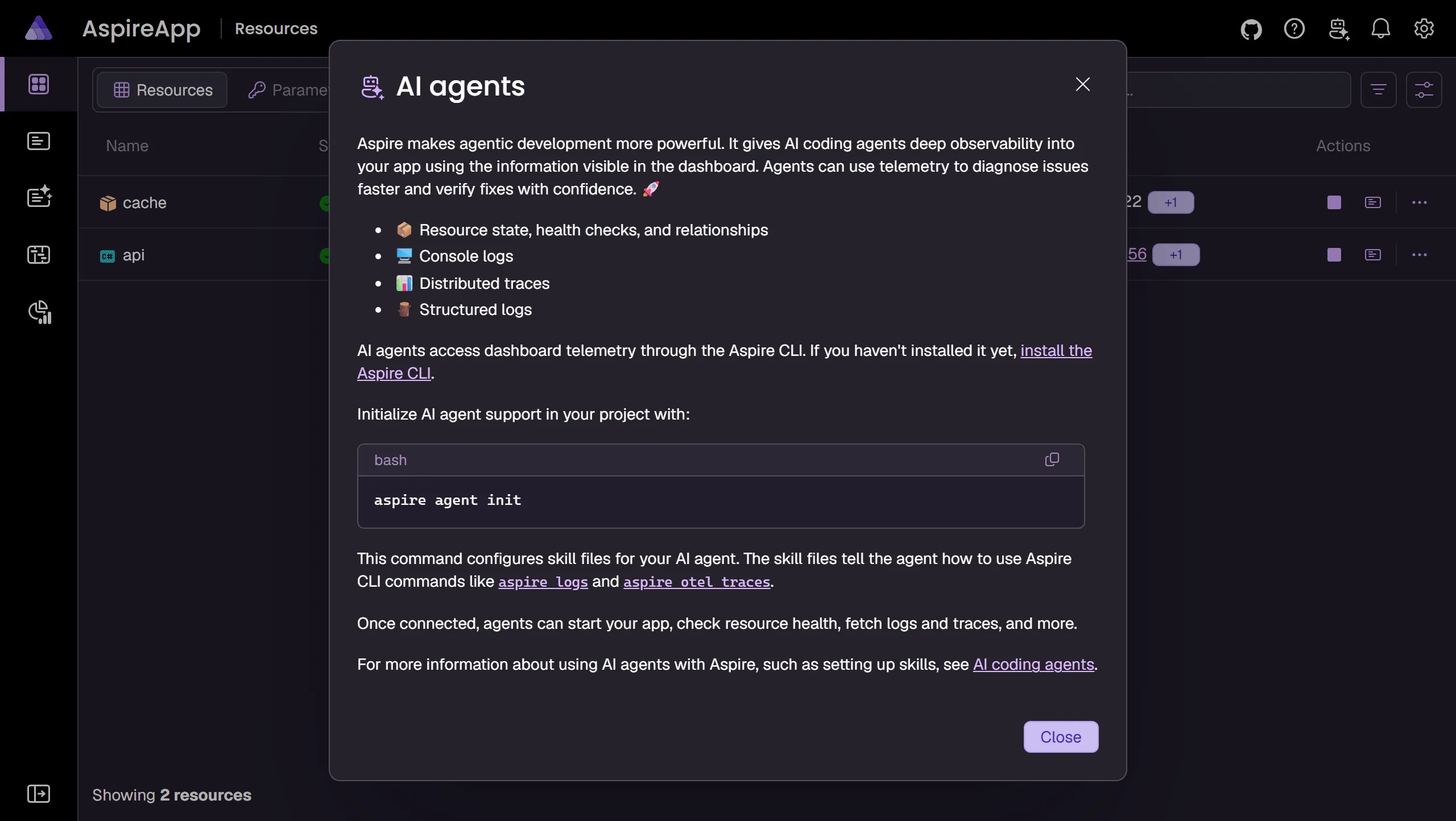 Aspire Dashboard AI agents dialog explaining telemetry data available to coding agents.