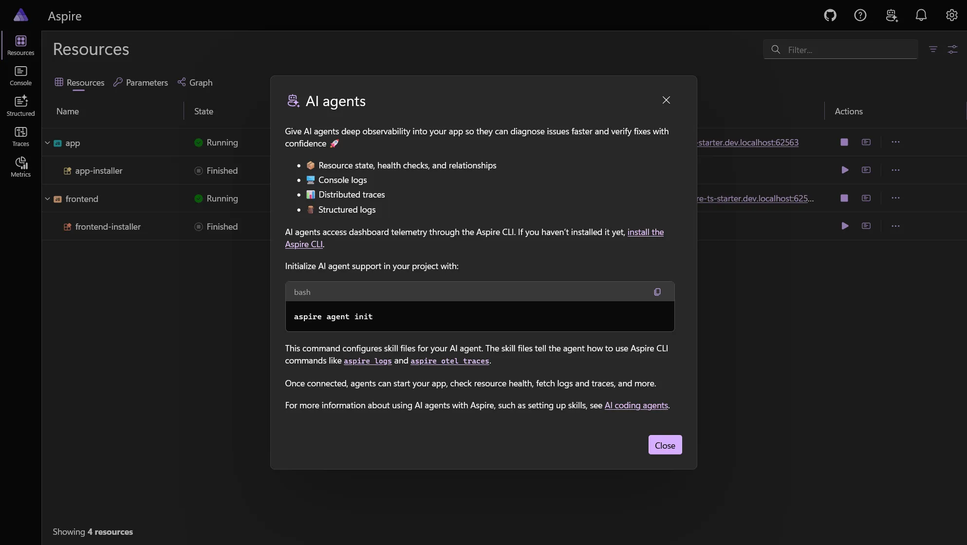 Aspire Dashboard AI agents dialog explaining telemetry data available to coding agents.