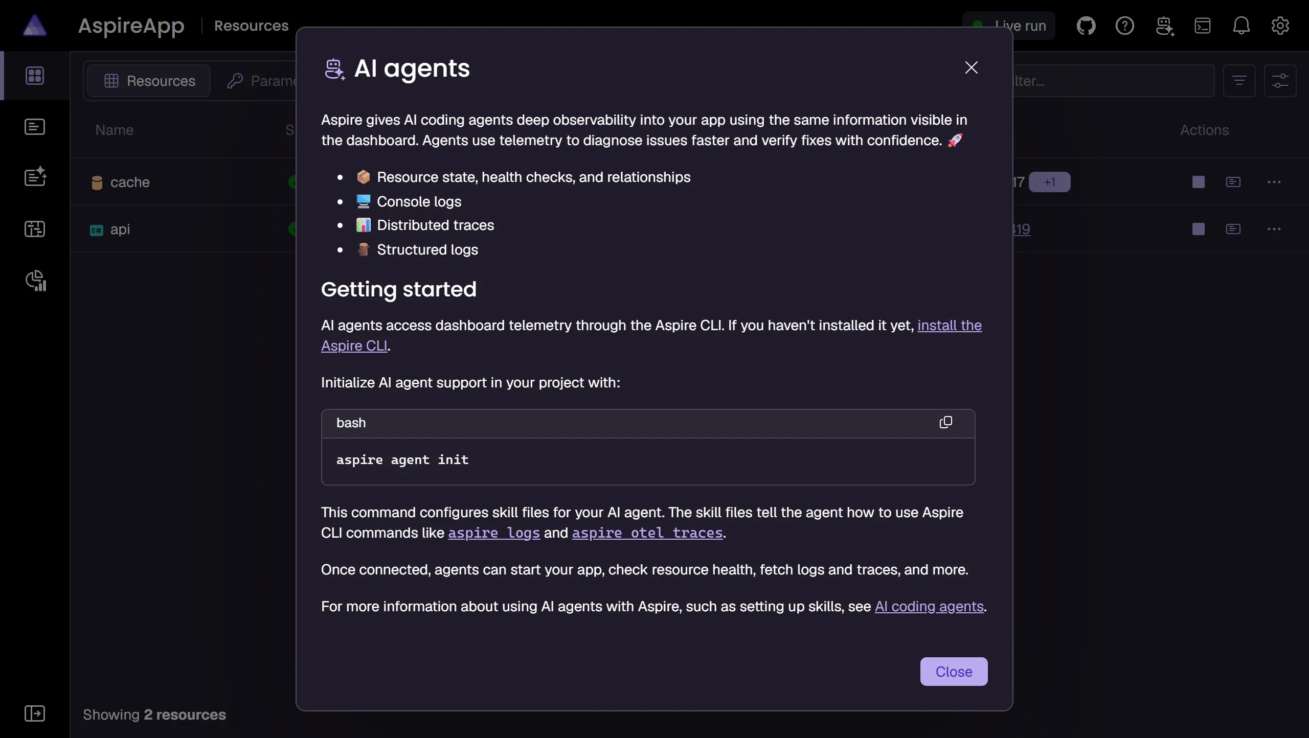 Aspire Dashboard AI agents dialog explaining telemetry data available to coding agents.