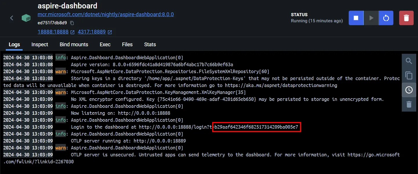 Screenshot of the Aspire dashboard container logs.