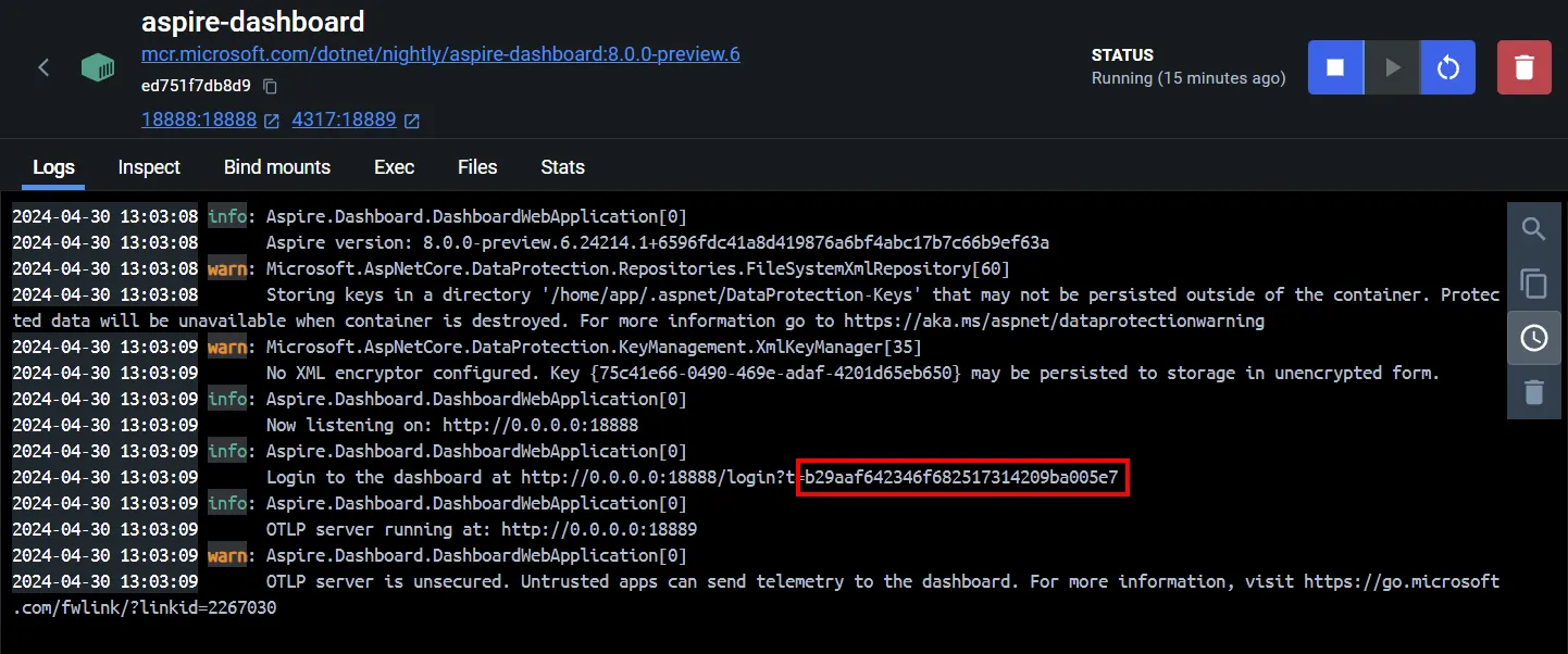 Screenshot of the Aspire dashboard container logs