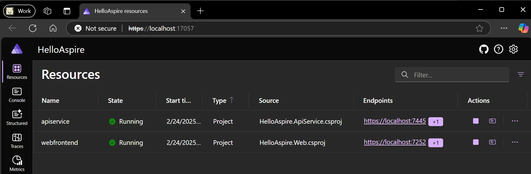 Screenshot of the Aspire dashboard running successfully in the Dev Container.