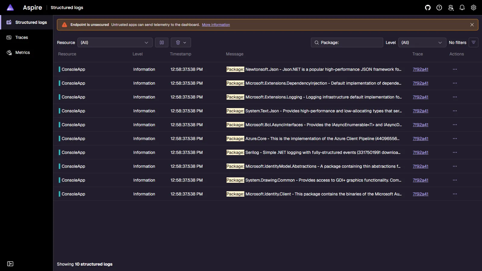 Screenshot of the Standalone Aspire dashboard sample app sample