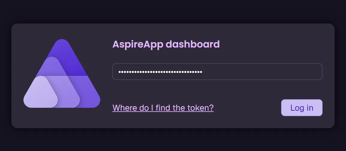Aspire dashboard login page with the token pasted into the textbox.