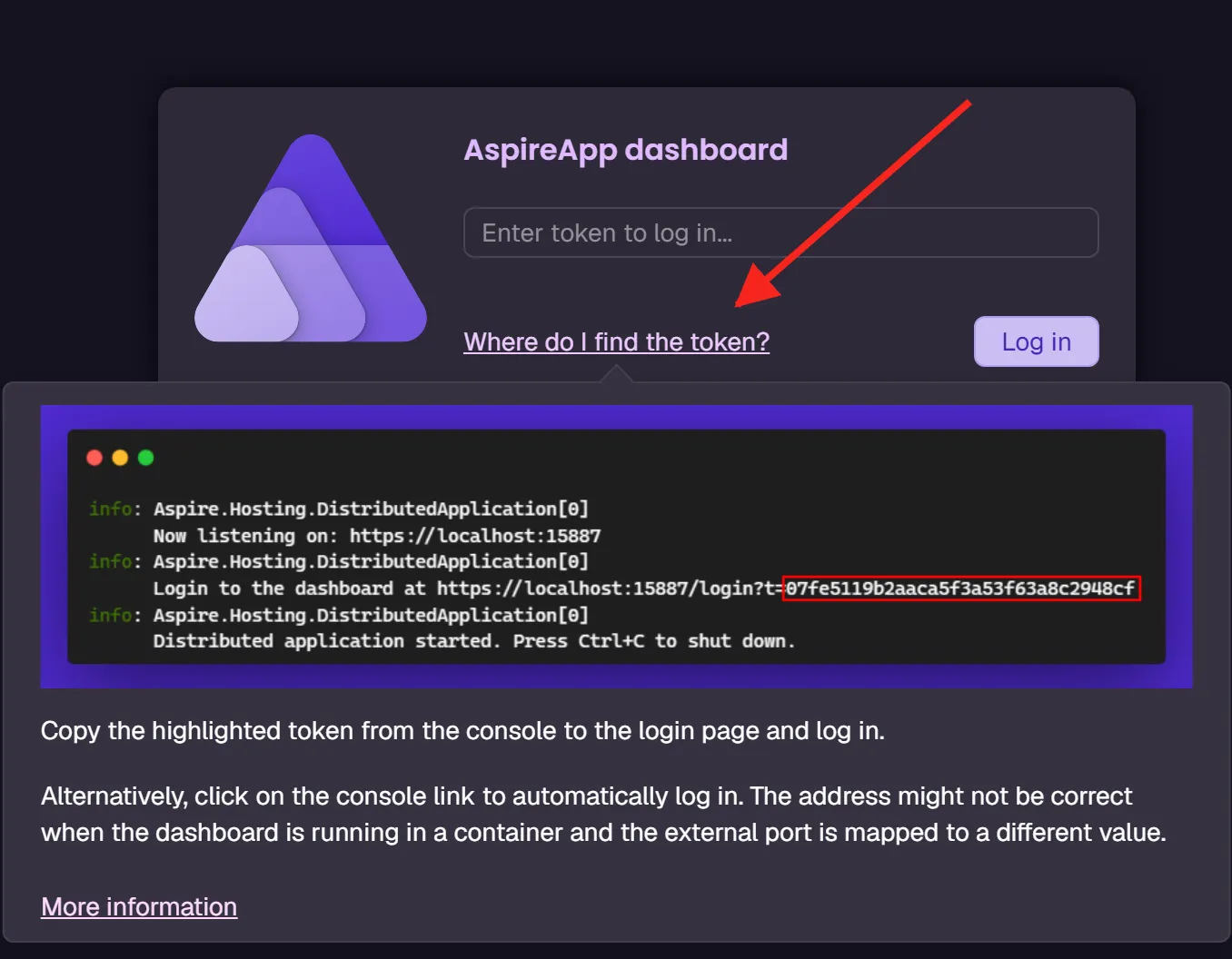 Aspire dashboard login page with instructions on how to obtain the token.