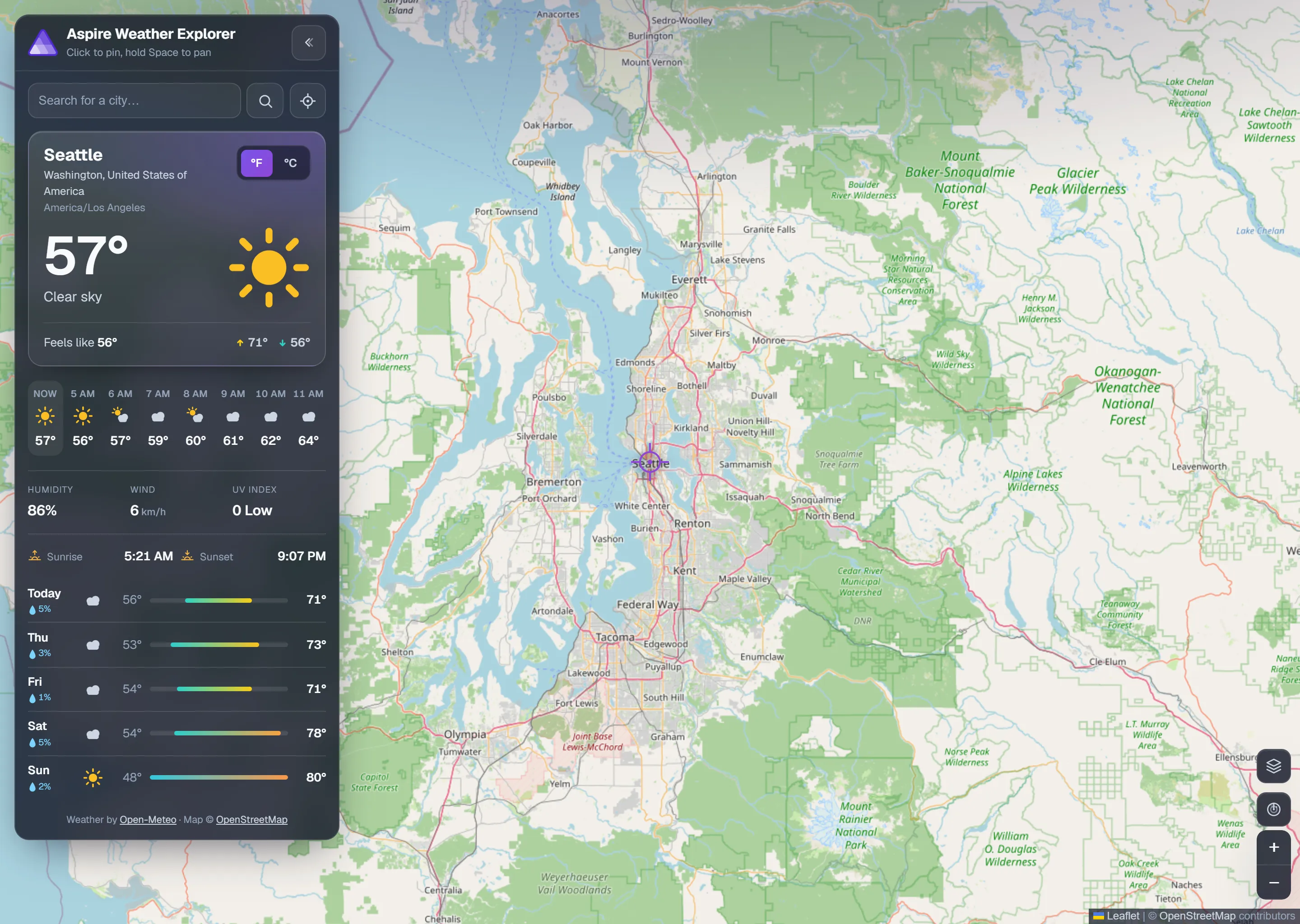 Screenshot of the Node.js weather explorer with Aspire sample