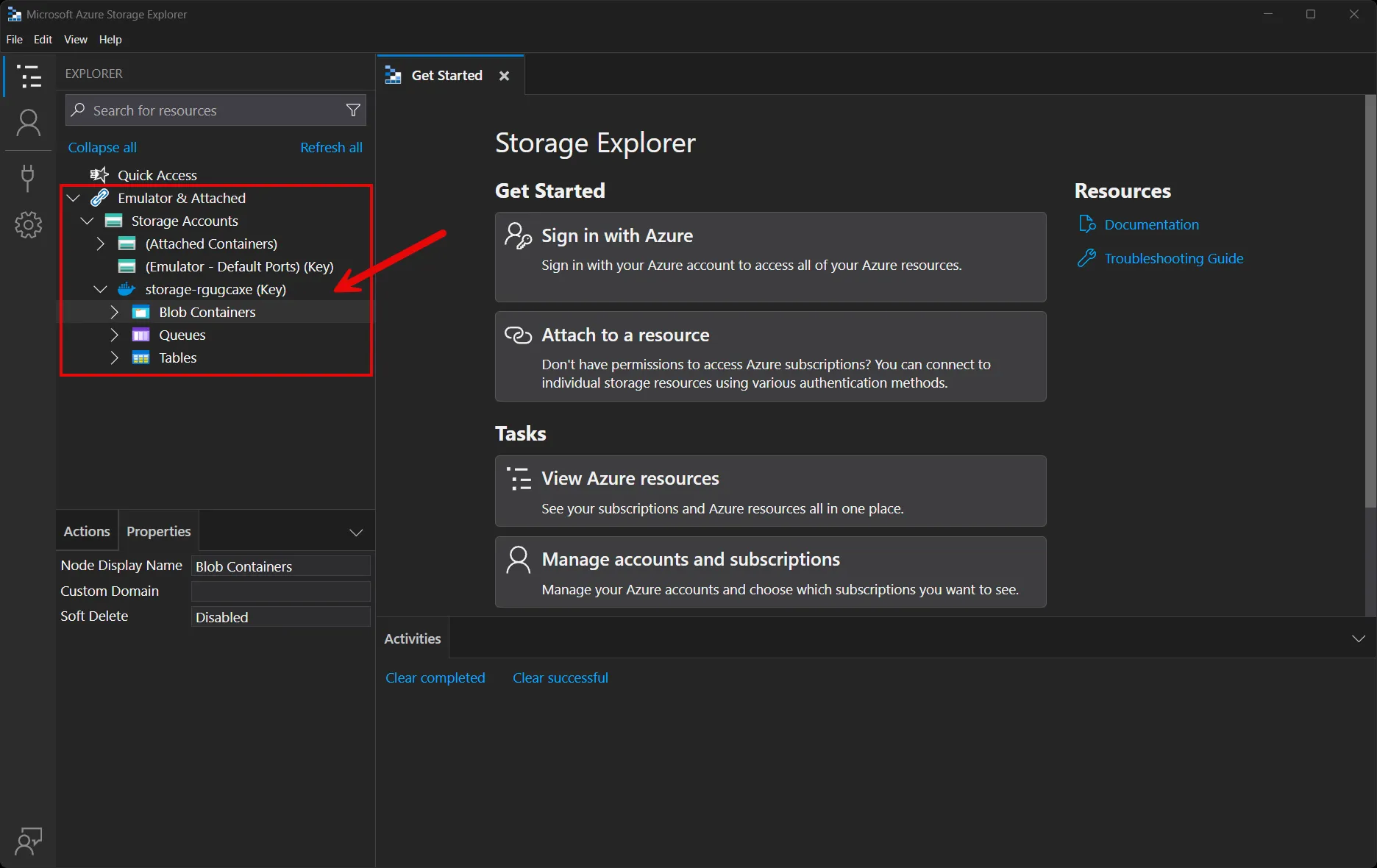 Azure Storage Explorer: Azurite storage resource discovered.