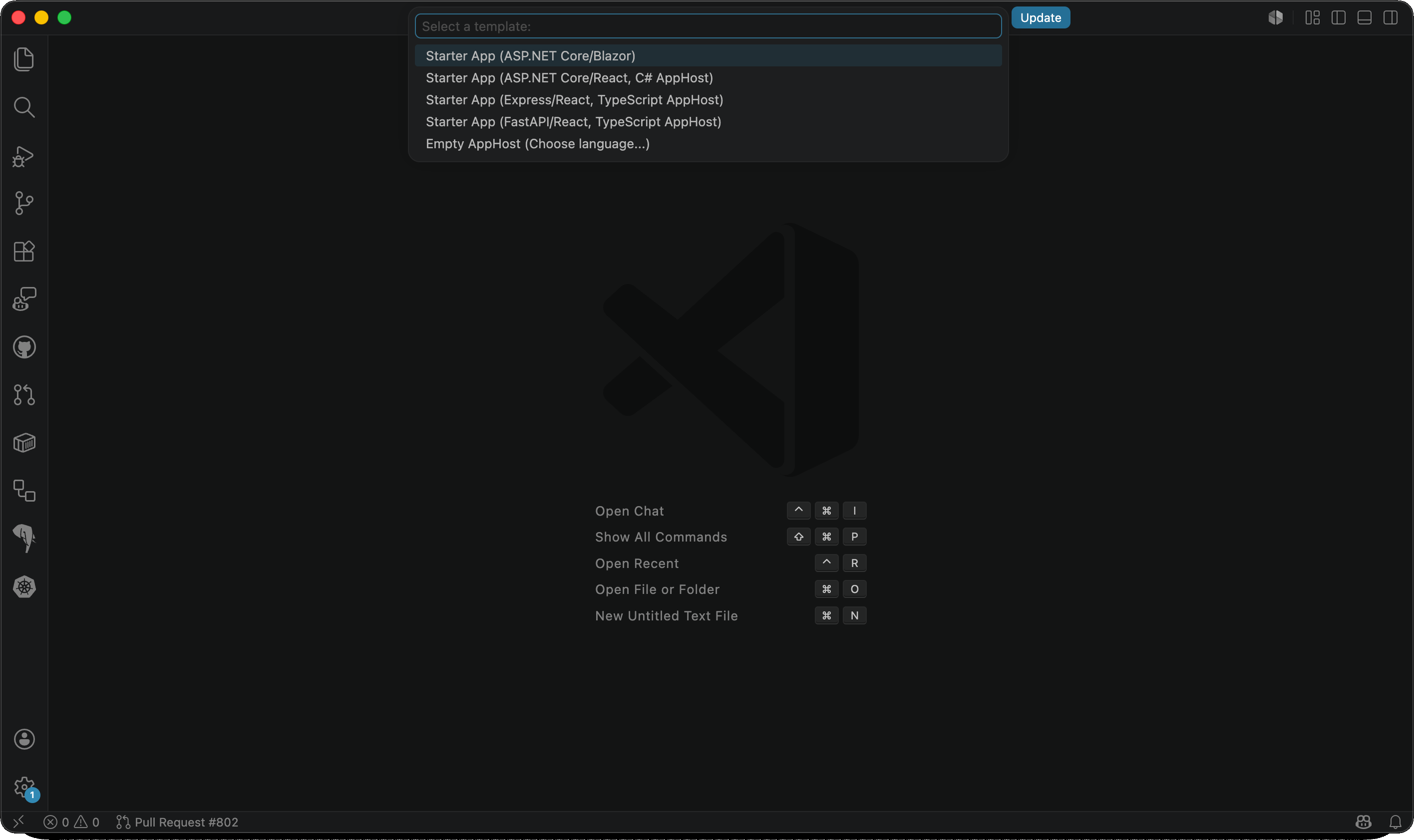 Visual Studio Code: Aspire templates showing various Aspire project templates available for selection.