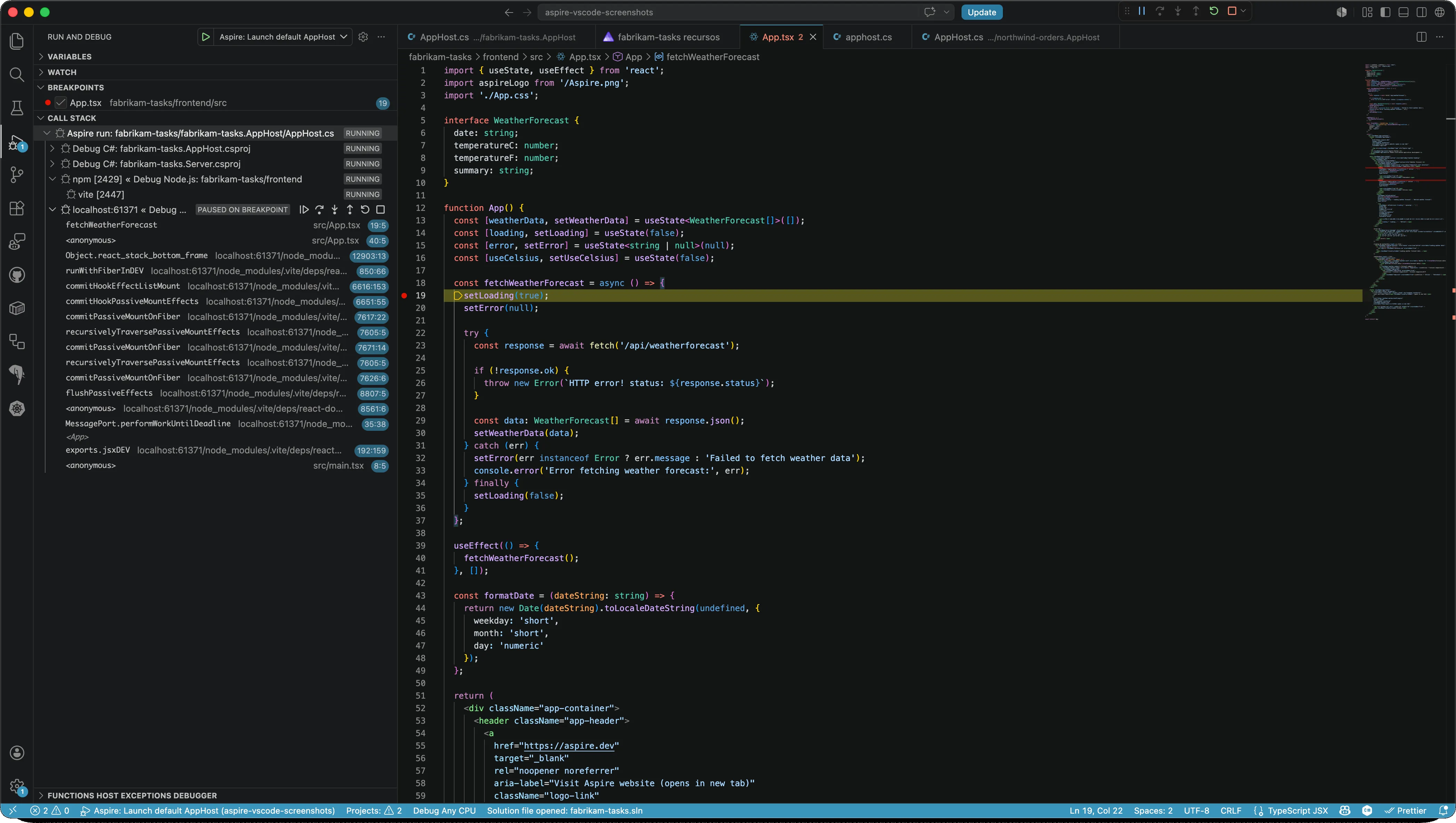 VS Code Run & Debug view with multiple debug sessions attached — AppHost, a .NET project, a Node service, and a browser app — alongside the dashboard.