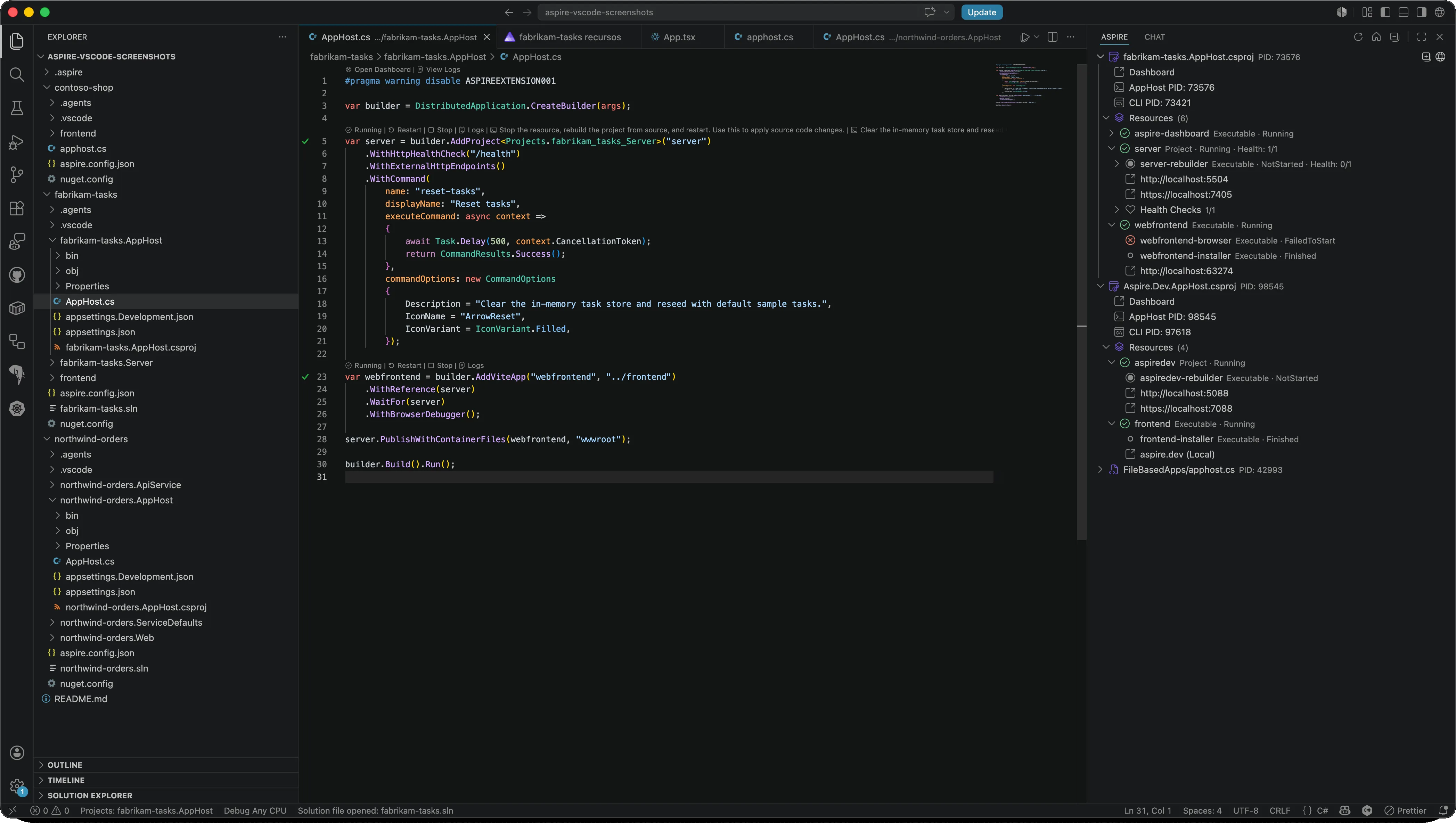 The Aspire view in VS Code showing a tree of resources with health-aware icons reflecting each resource's state.