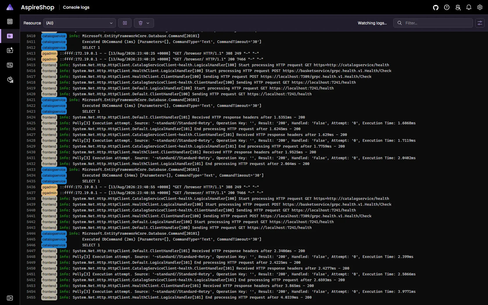 Aspire dashboard console logs streaming interleaved, color-coded output from every resource in real time.