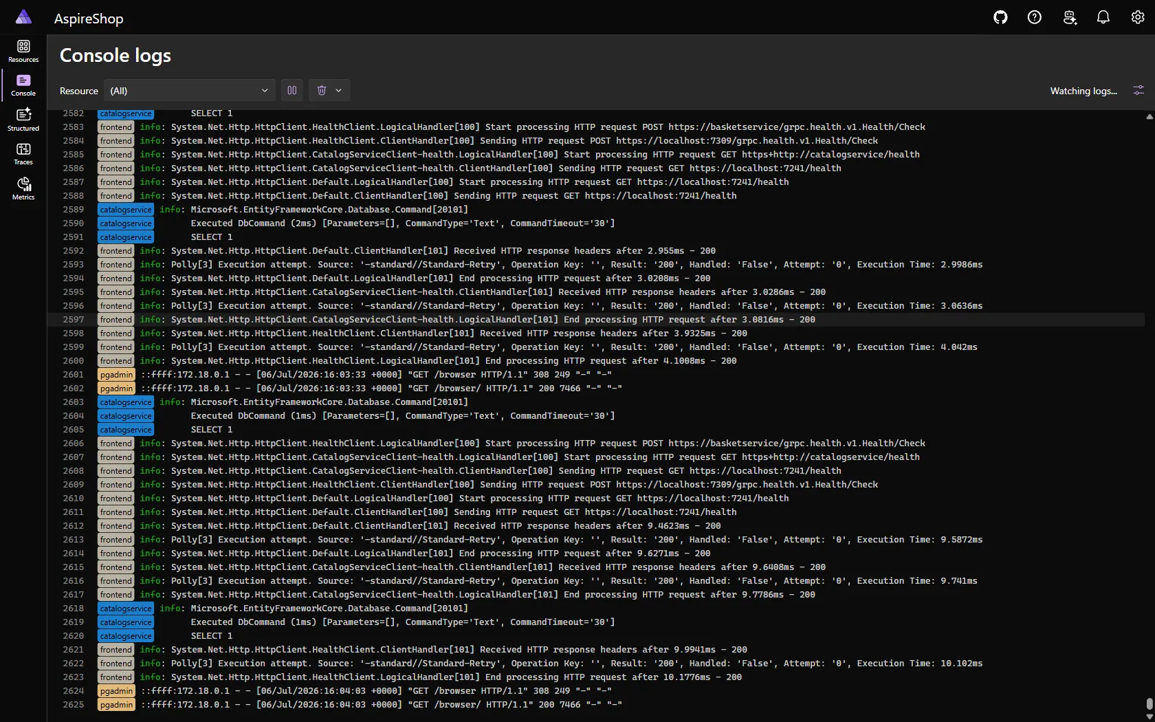 Aspire dashboard console logs streaming interleaved, color-coded output from every resource in real time.