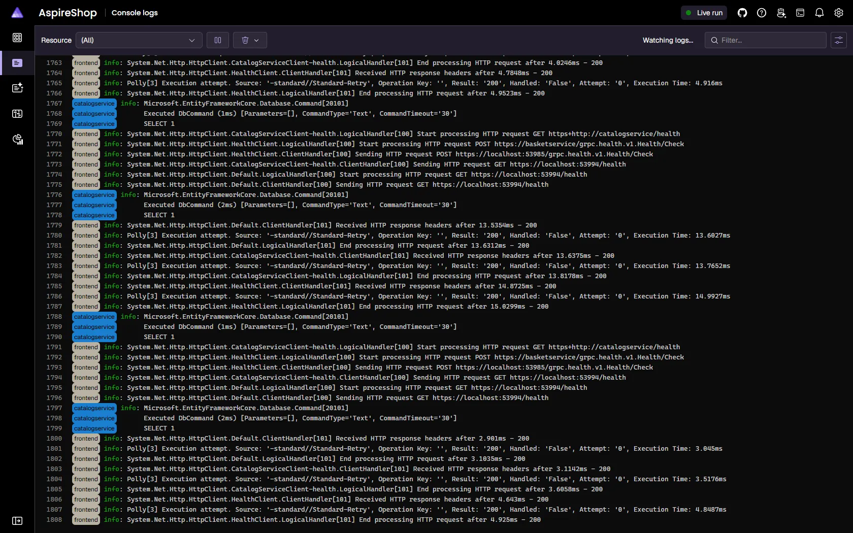 Aspire dashboard console logs streaming interleaved, color-coded output from every resource in real time.