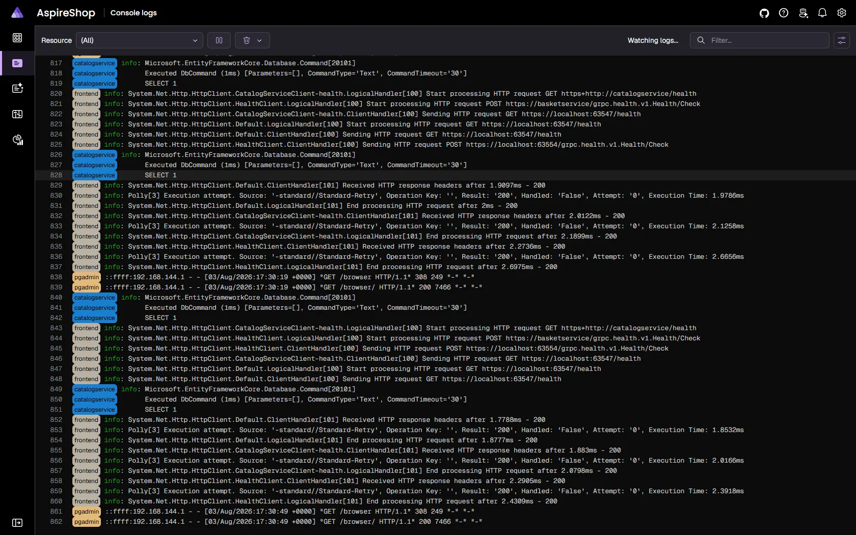 Aspire dashboard console logs streaming interleaved, color-coded output from every resource in real time.