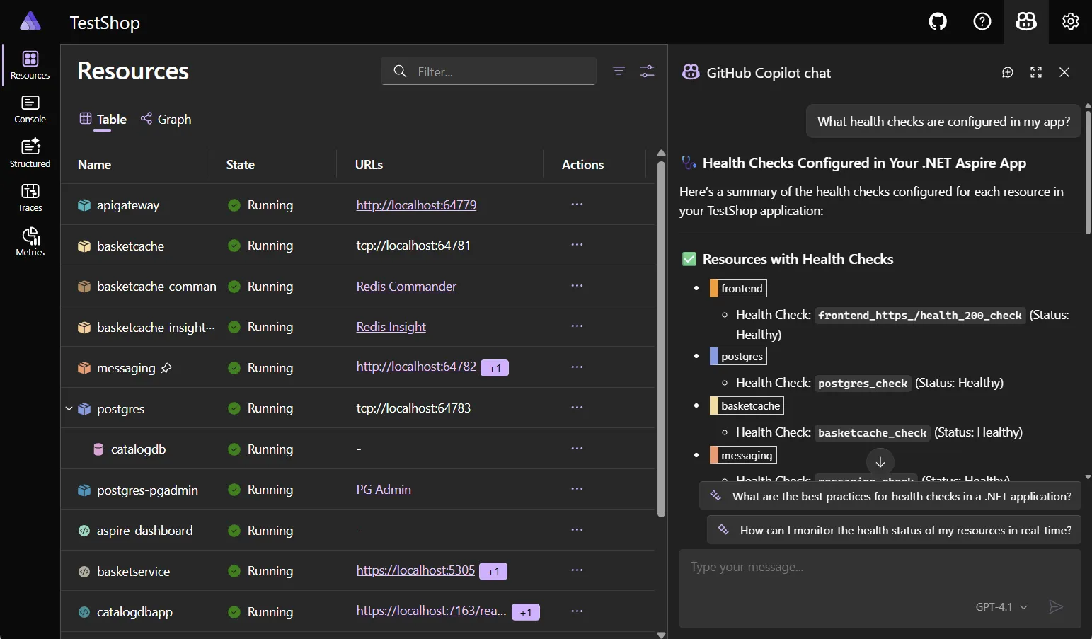 A screenshot of the dashboard with GitHub Copilot open. It contains a chat question and answer.