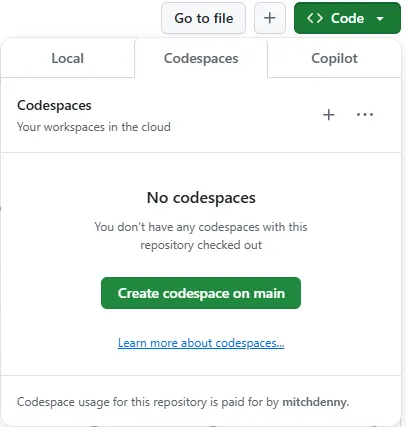 Screenshot showing how to create a new codespace from the repository on GitHub.
