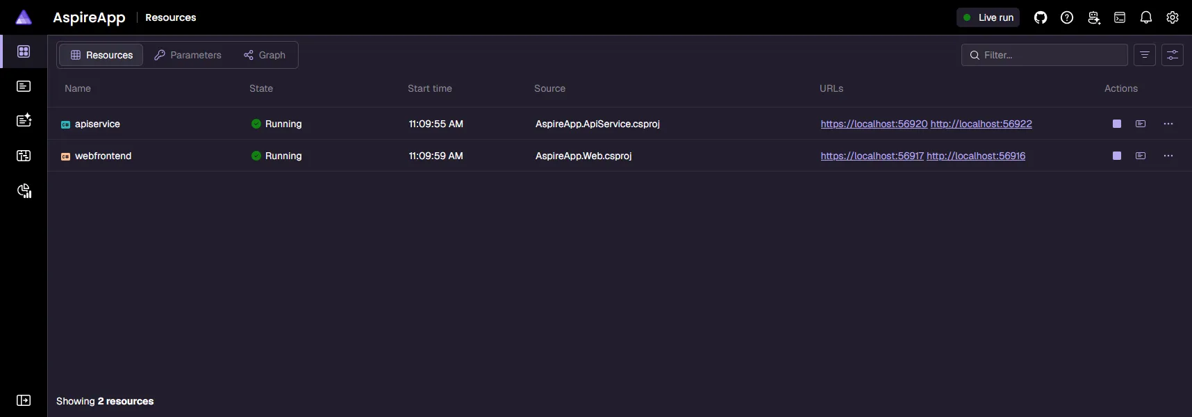Aspire dashboard Resources page displaying two running resources: apiservice and webfrontend. Both are marked as Running with green check icons. The table lists columns for Name, State, Start time, Source, URLs, and Actions.