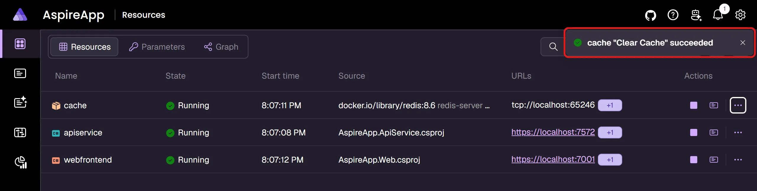 Aspire dashboard: Redis cache resource with custom command executed.