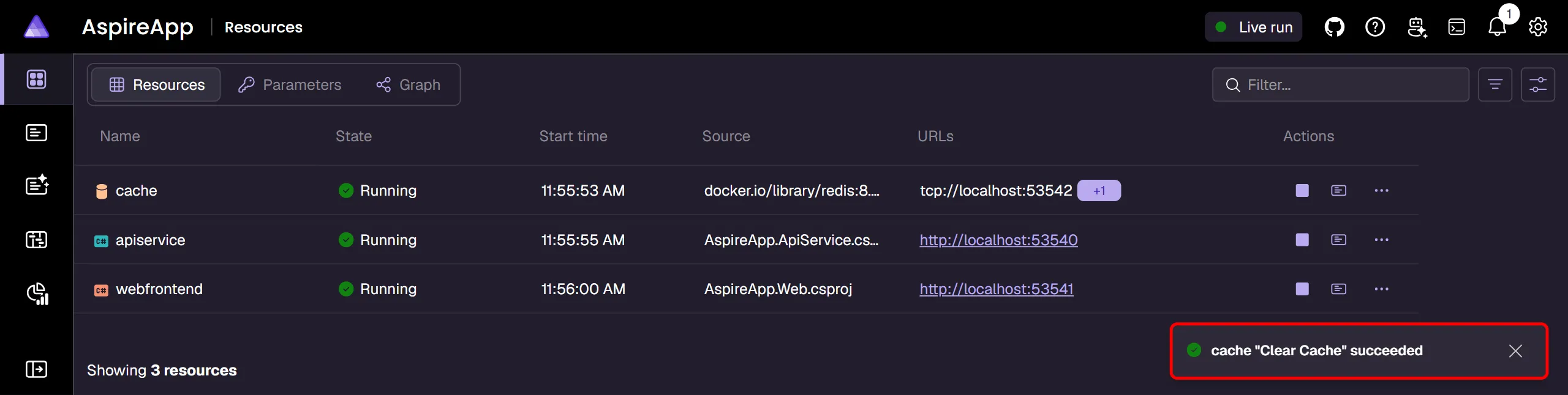 Aspire dashboard: Redis cache resource with custom command executed.