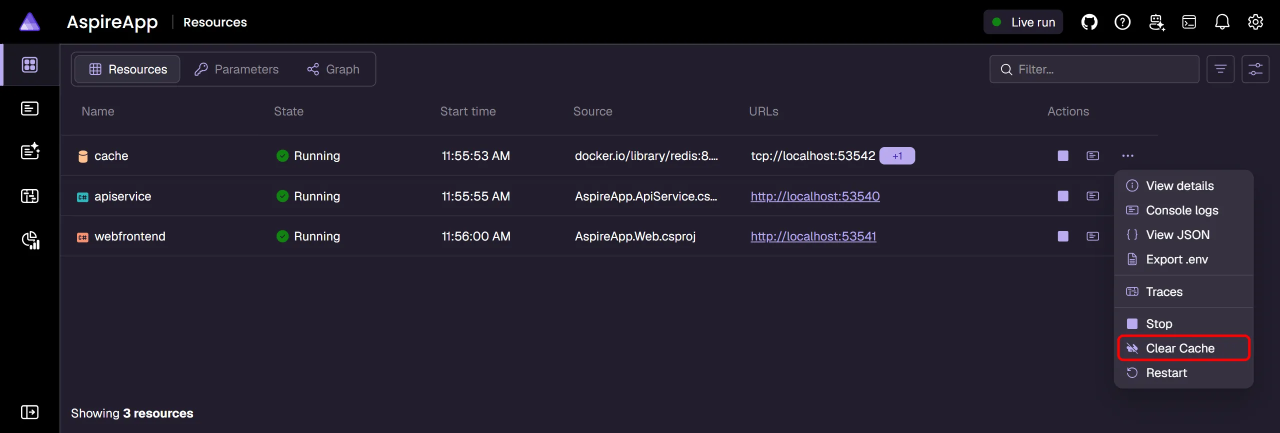 Aspire dashboard: Redis cache resource with custom command displayed.