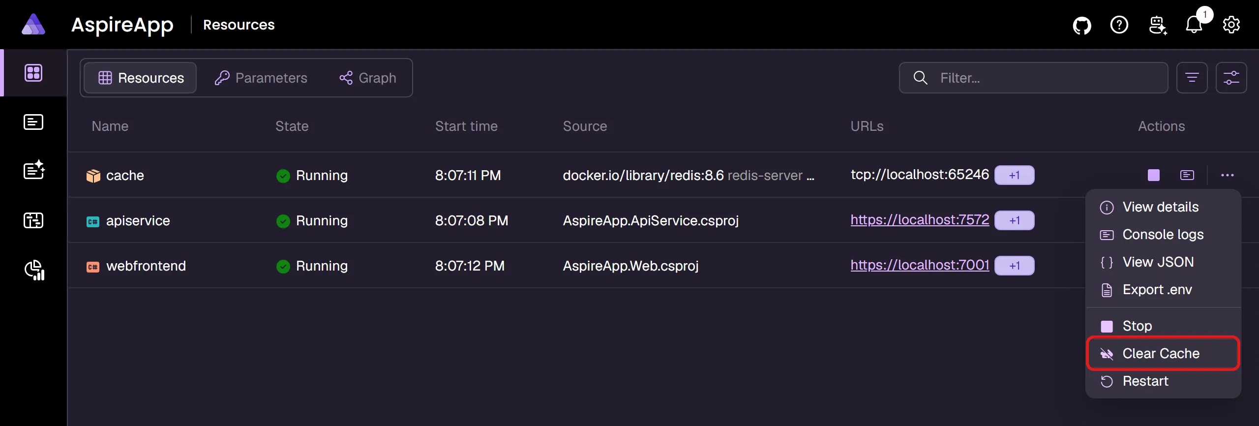 Aspire dashboard: Redis cache resource with custom command displayed.