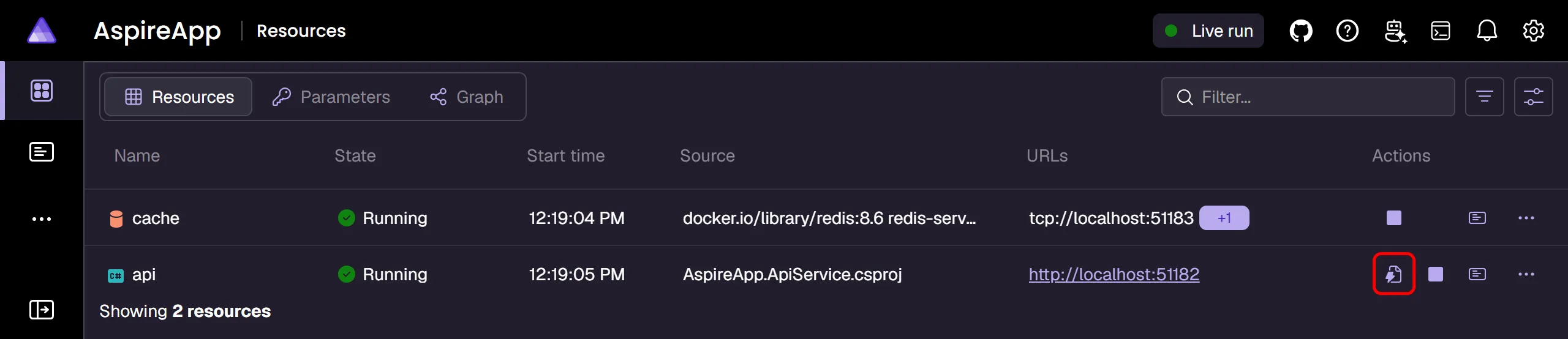 Aspire dashboard: Resources page showing a highlighted custom HTTP command.