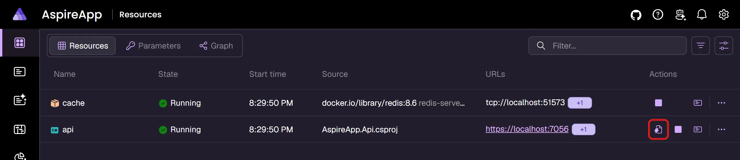 Aspire dashboard: Resources page showing a highlighted custom HTTP command.