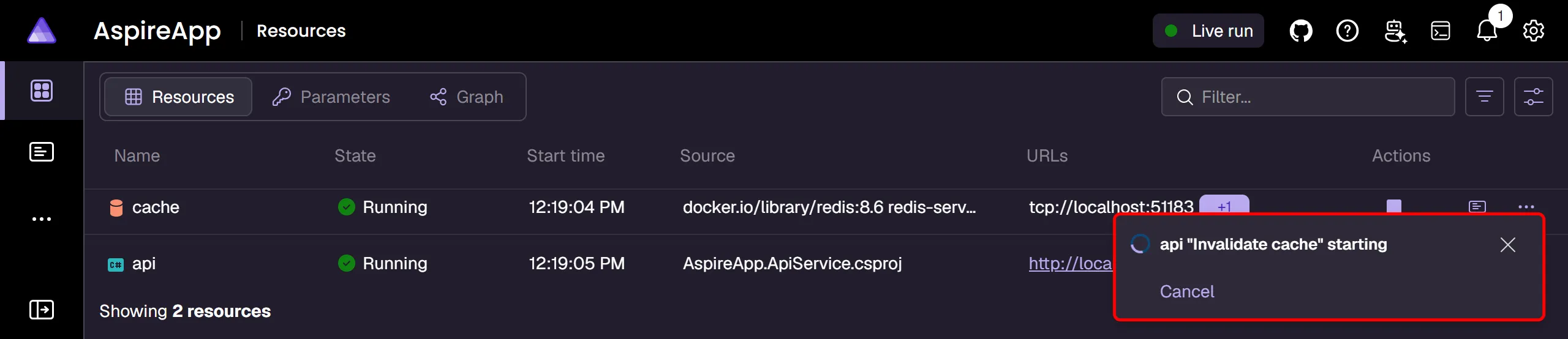 Aspire dashboard: Toast notification showing the custom HTTP command is starting.