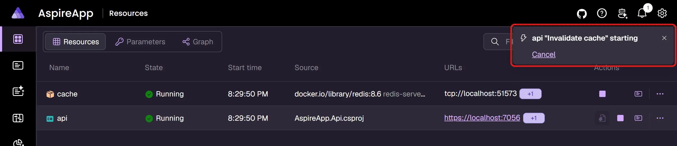 Aspire dashboard: Toast notification showing the custom HTTP command is starting.