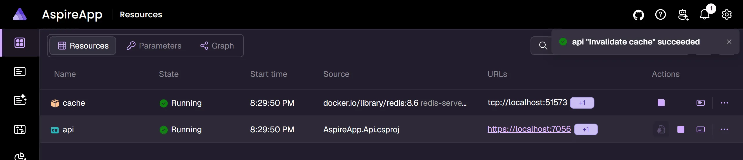 Aspire dashboard: Toast notification showing the custom HTTP command succeeded.