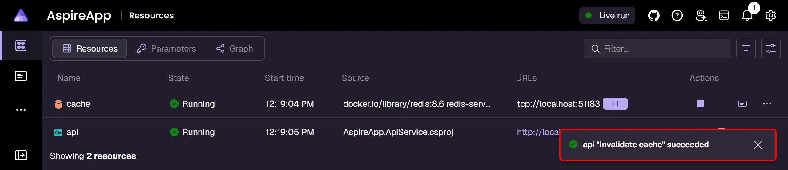 Aspire dashboard: Toast notification showing the custom HTTP command succeeded.