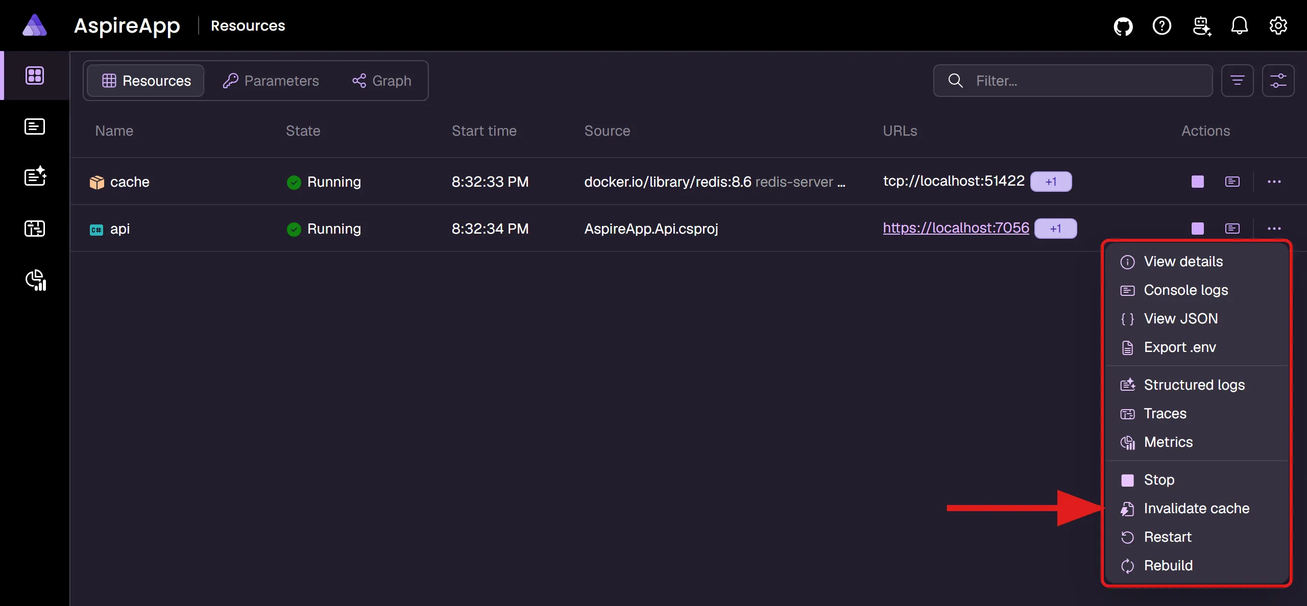 Aspire dashboard: Resources page showing a custom HTTP command in the ellipsis menu.