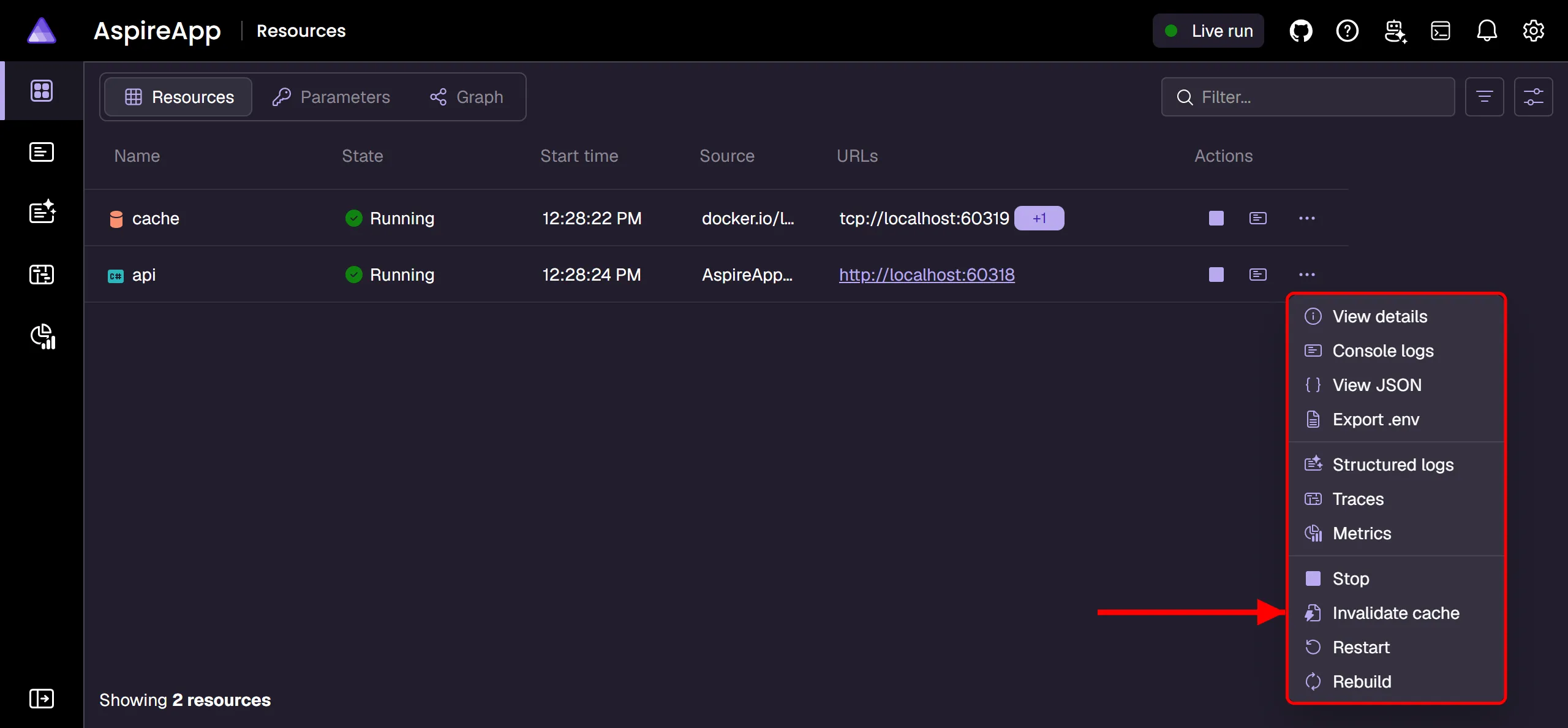 Aspire dashboard: Resources page showing a custom HTTP command in the ellipsis menu.