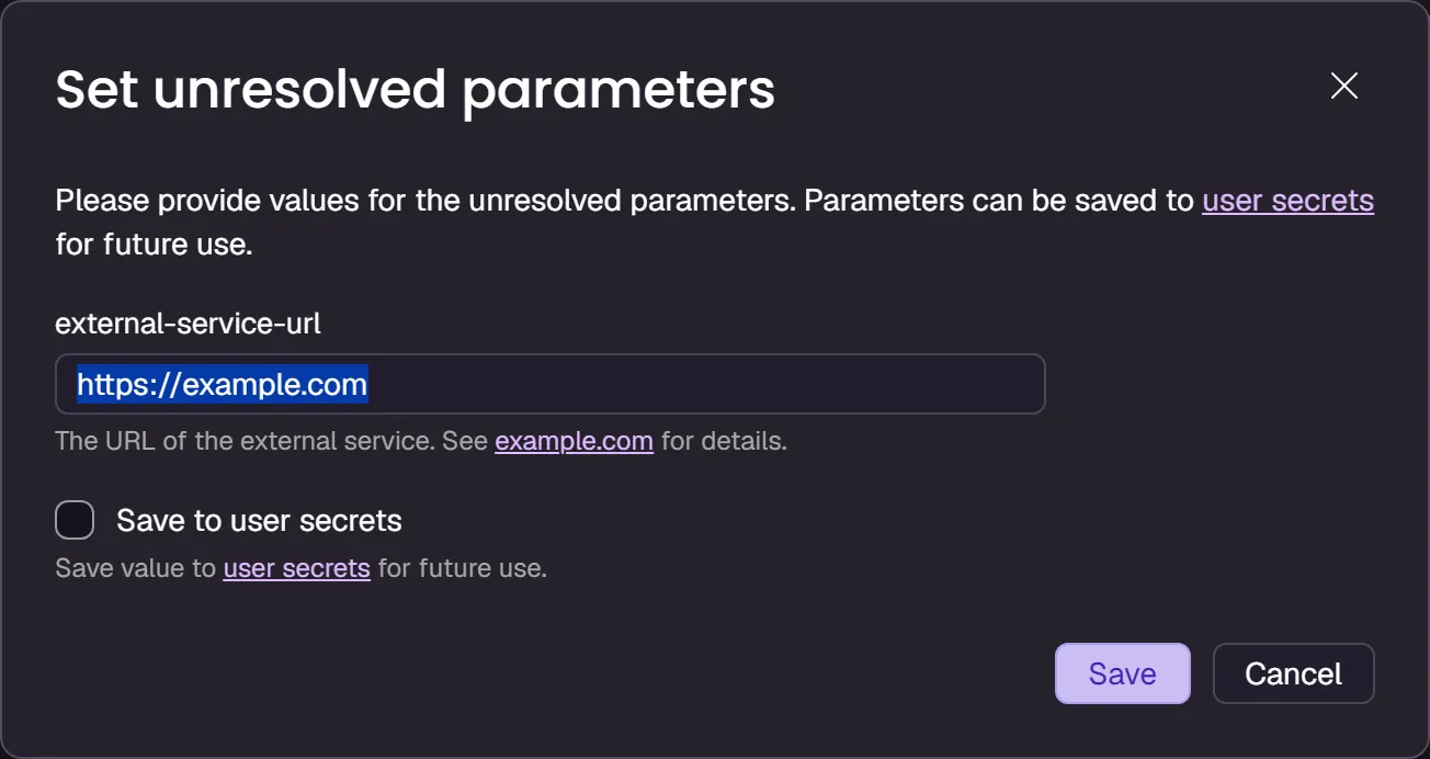 Screenshot of the Aspire dashboard parameter completion dialog with customizations.