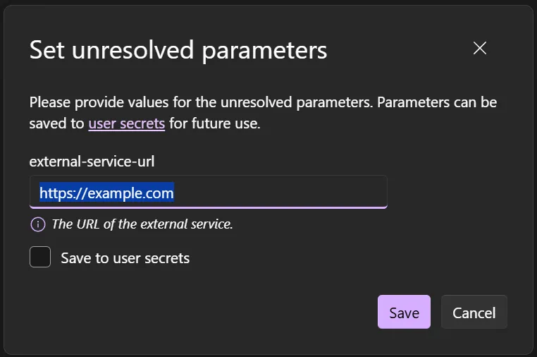 Screenshot of the Aspire dashboard parameter completion dialog with customizations.