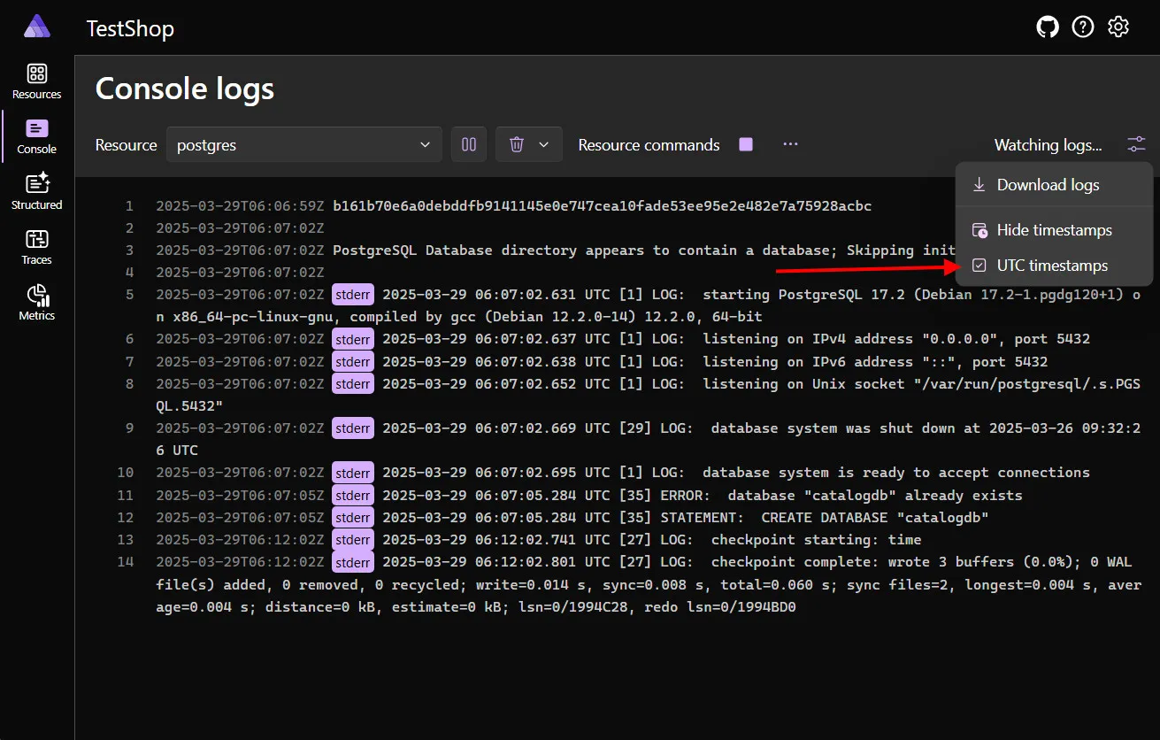 Screenshot of console logs page showing the UTC timestamps option.