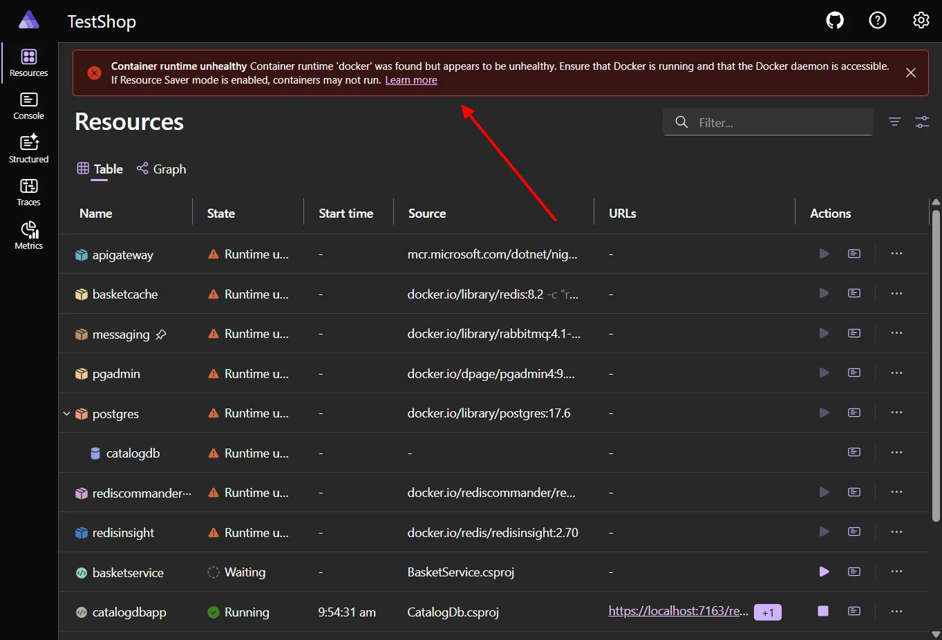 Screenshot of the dashboard showing the container runtime warning.