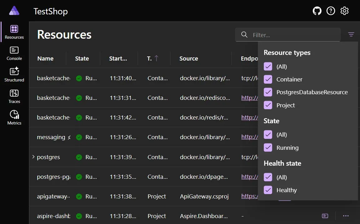 Screenshot of dashboard resource's page showing the filter popup.