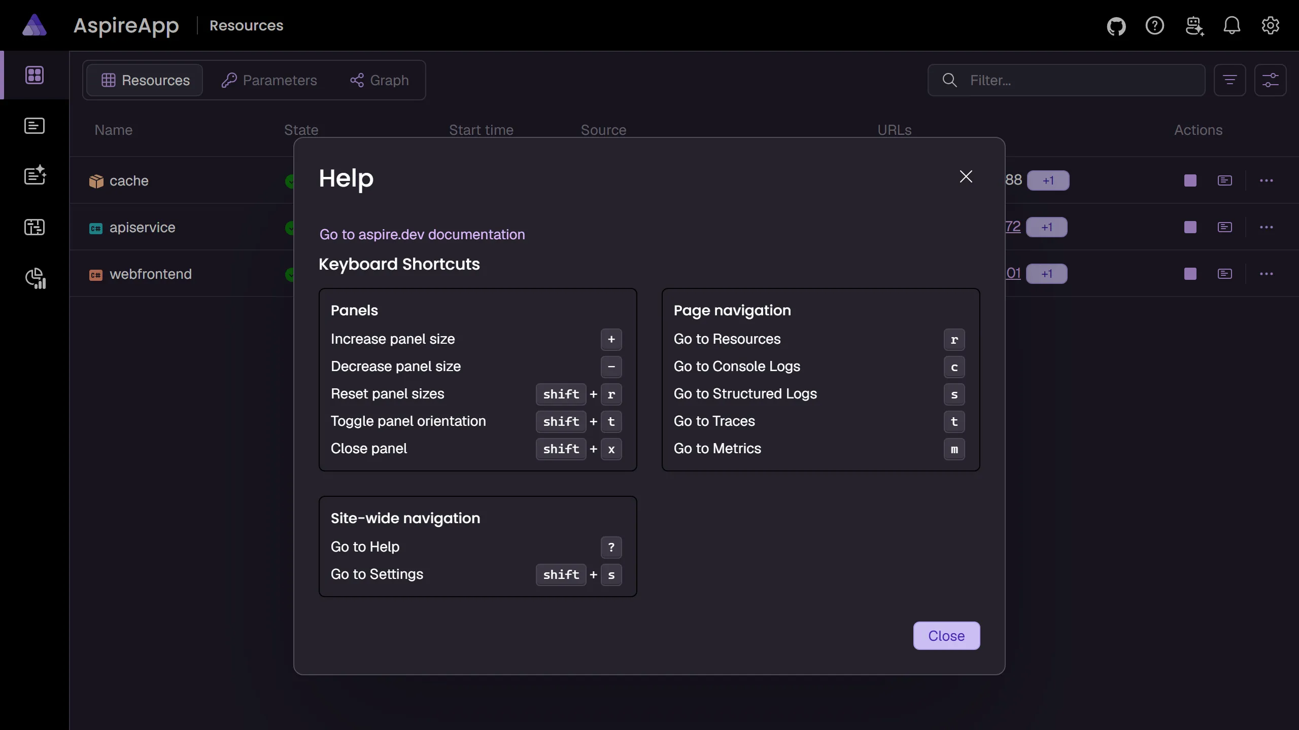 Aspire dashboard Help modal dialog.