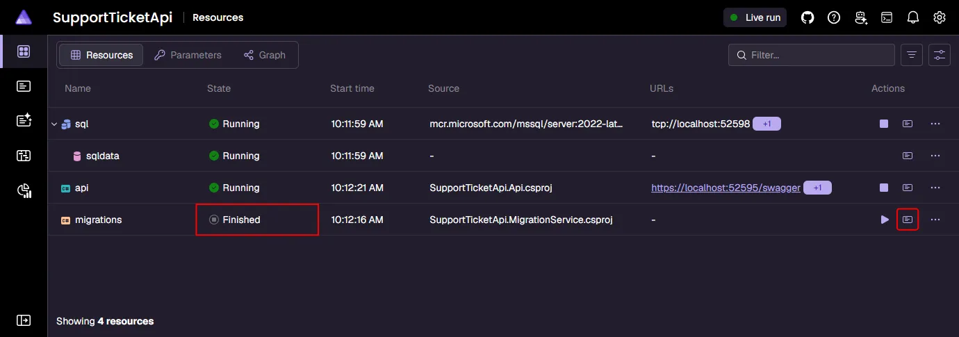 A screenshot of the Aspire dashboard with the migration service in a Finished state.