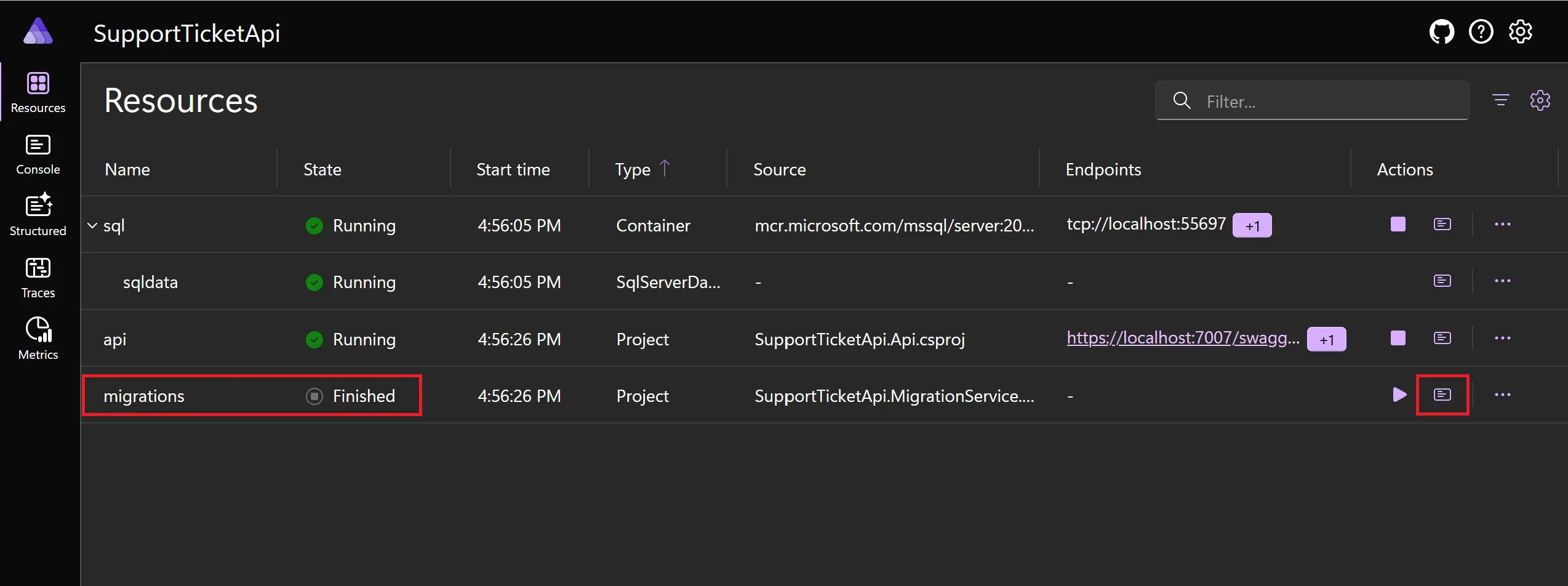 A screenshot of the Aspire dashboard with the migration service in a Finished state.