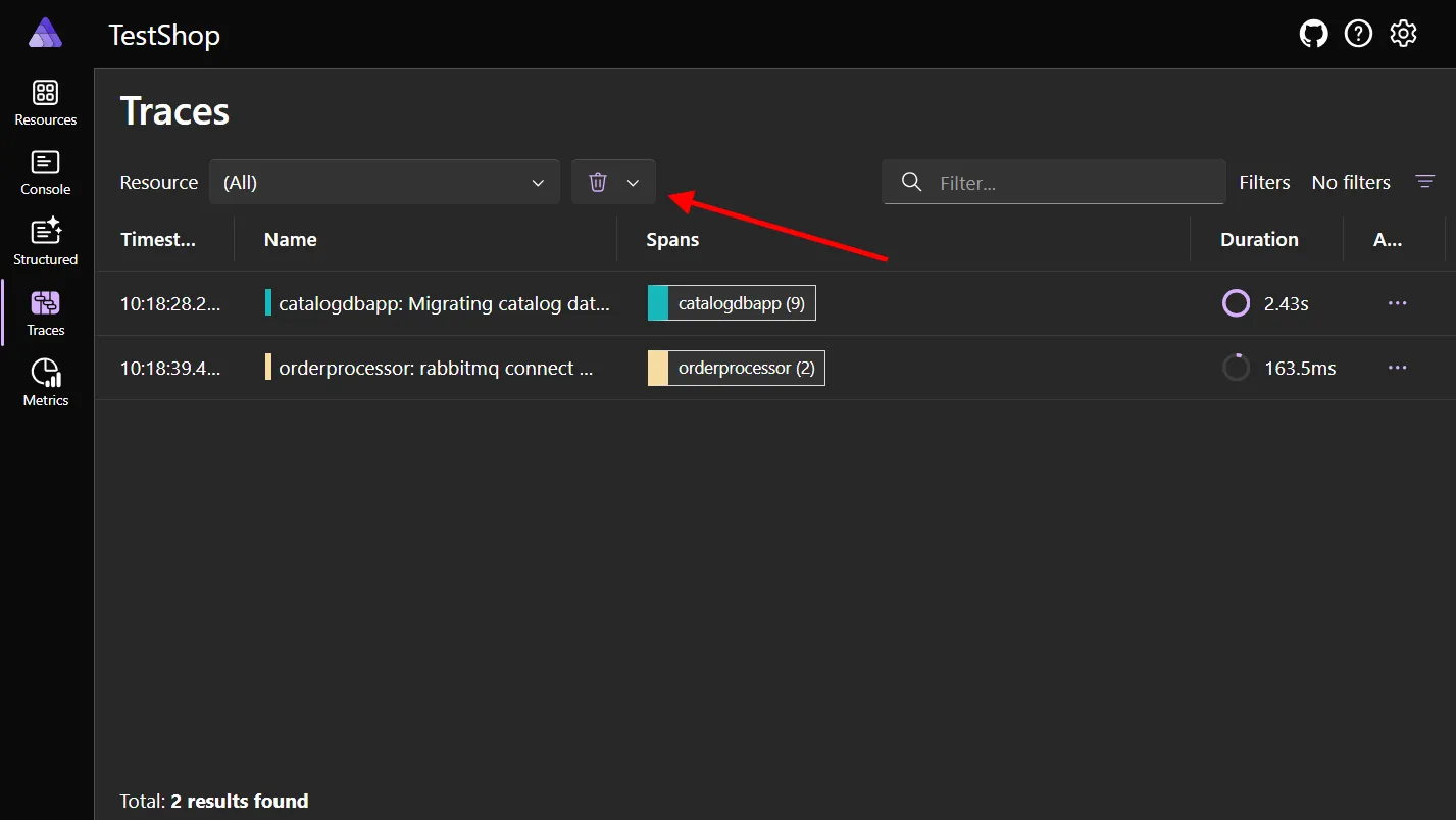 A screenshot of the Aspire dashboard showing the remove button on the structured logs page