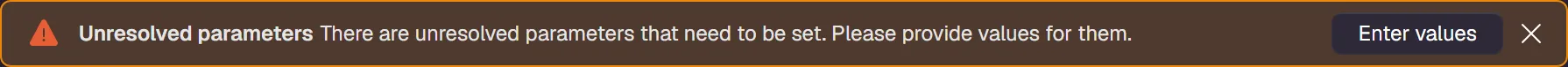 Screenshot of the Aspire dashboard warning that appears when there are unresolved parameters.