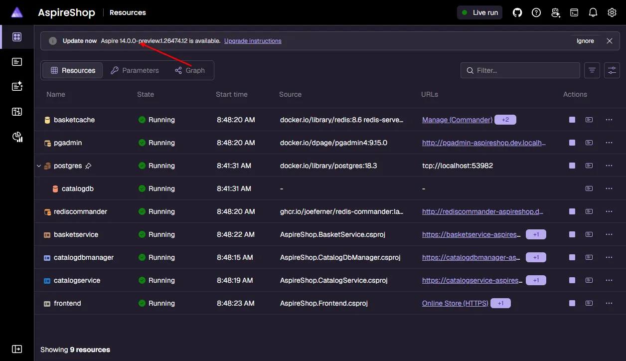 Screenshot of dashboard showing a version update notification with upgrade options.