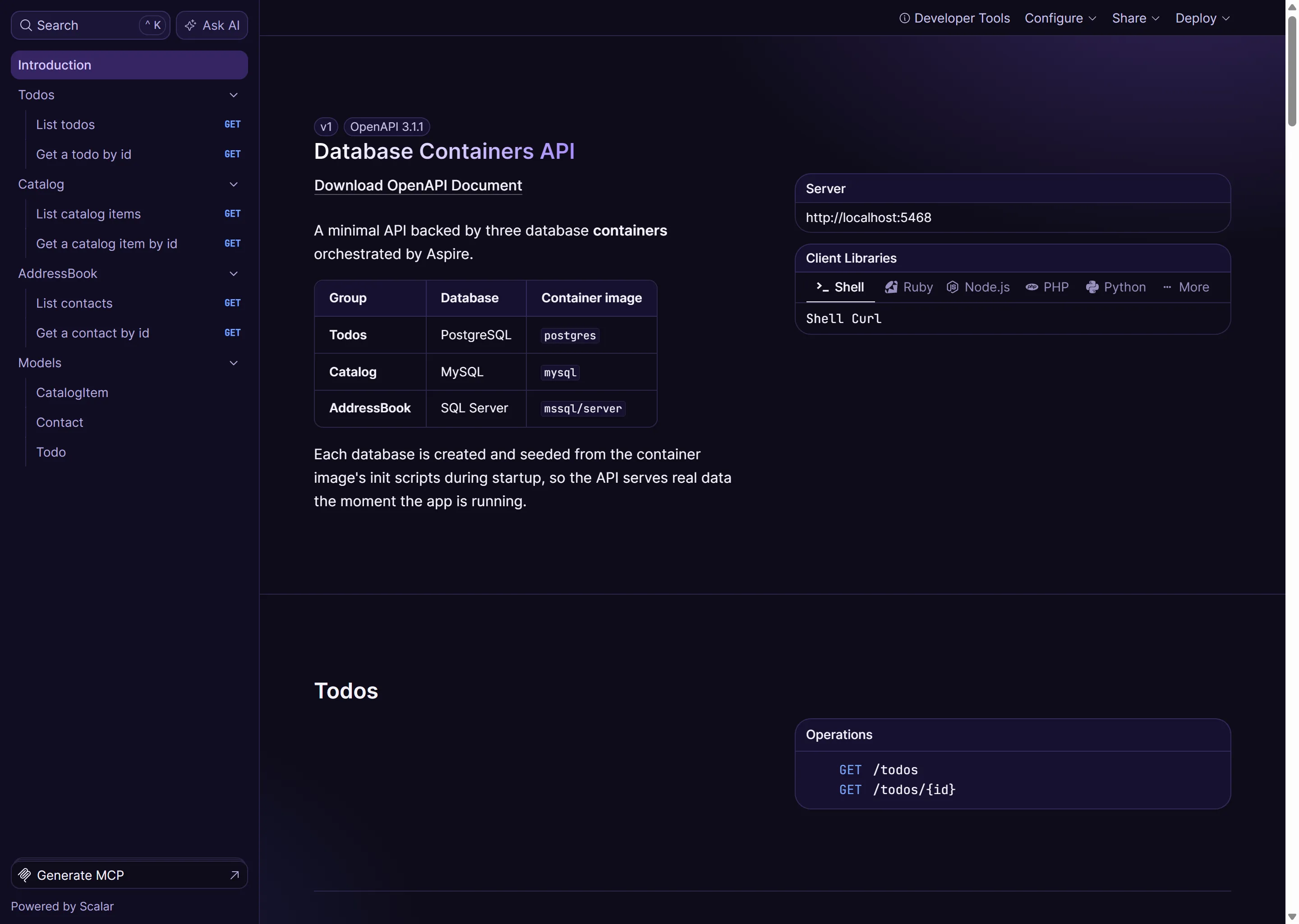 Screenshot of the Working with database containers in an Aspire application sample