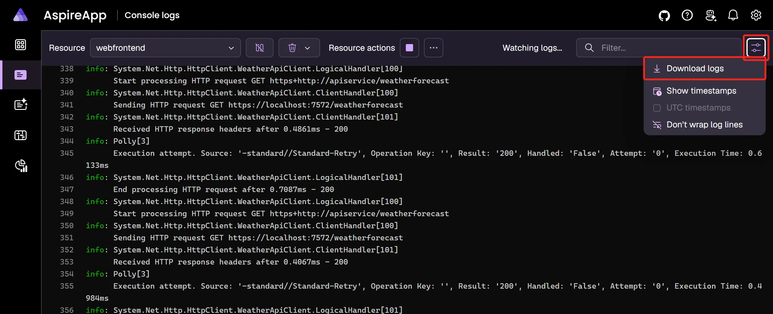 A screenshot of the Aspire dashboard Console logs page showing how to download a log to your local machine.