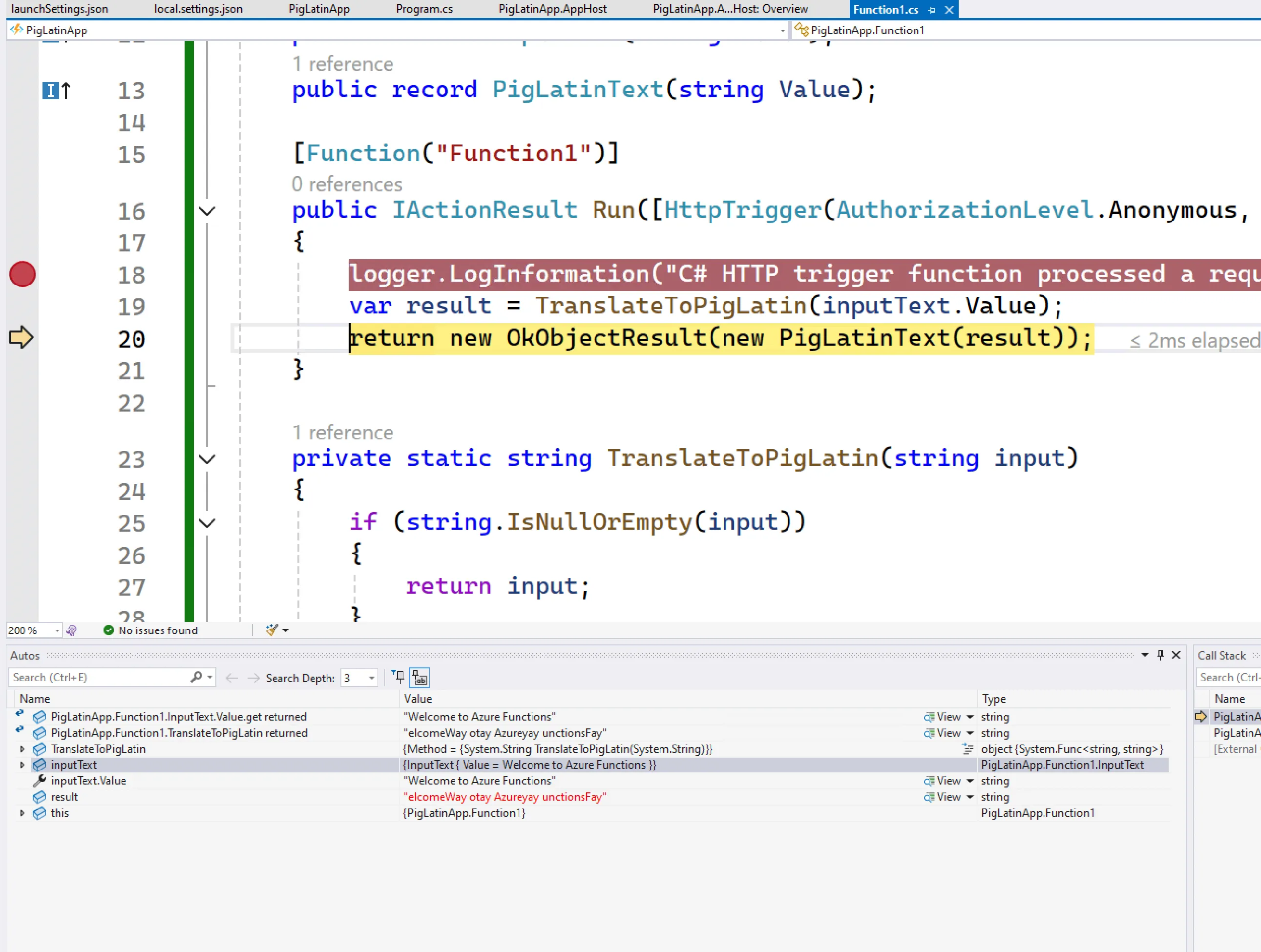 Screenshot of the Aspire dashboard: Debugging an Azure Function app