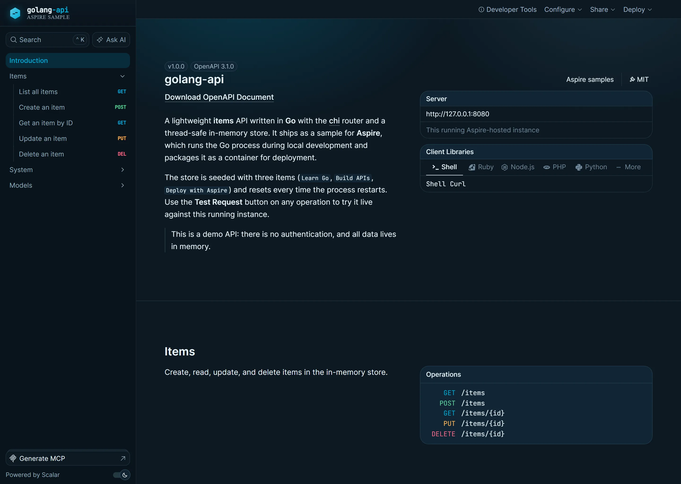 Screenshot of the Go API with In-Memory Storage sample