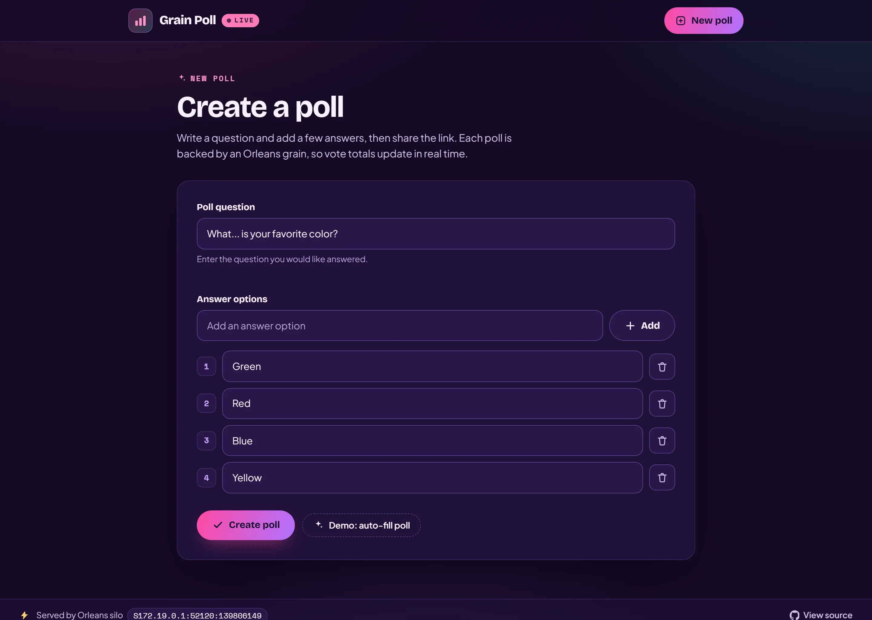 Screenshot of the Grain Poll create page